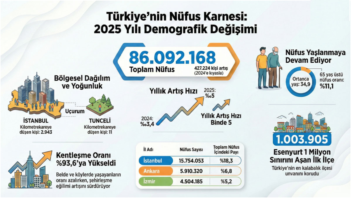 TÜİK'in Açıklaması: Türkiye'nin Nüfusu 86 Milyon 92 Bin 168'e Yükseldi